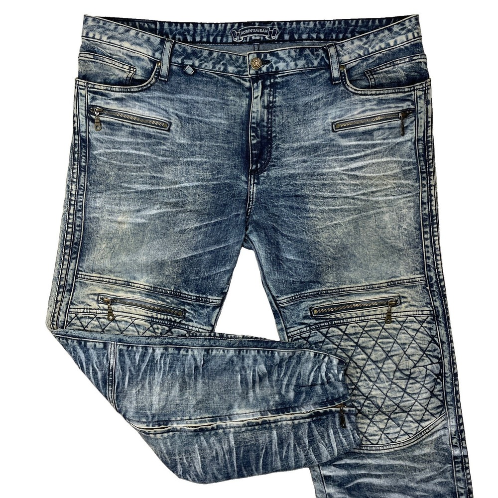 Robin's Jean Men's 44 Fits 46x31 Moto Biker Jeans Acid Wash Racer Zipper Details